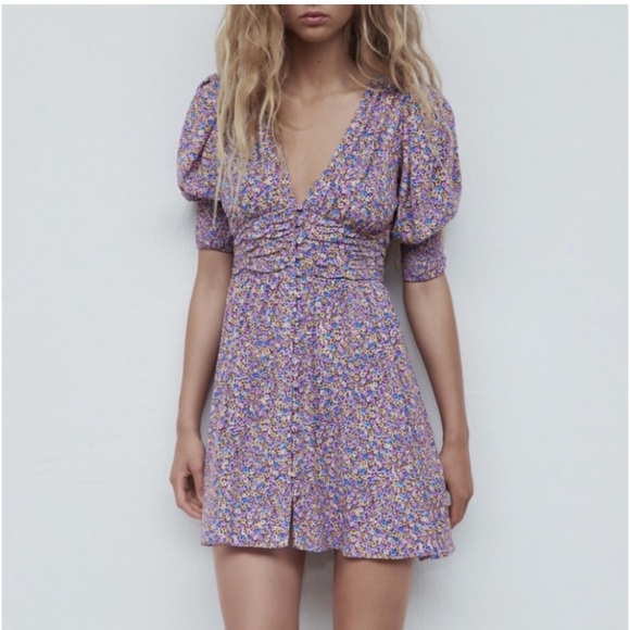 Zara Puff Sleeve Button Up Floral Dress - Picture 1 of 11